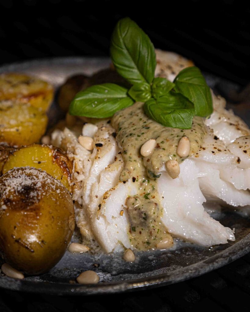 Skrei vis met pesto roomsaus